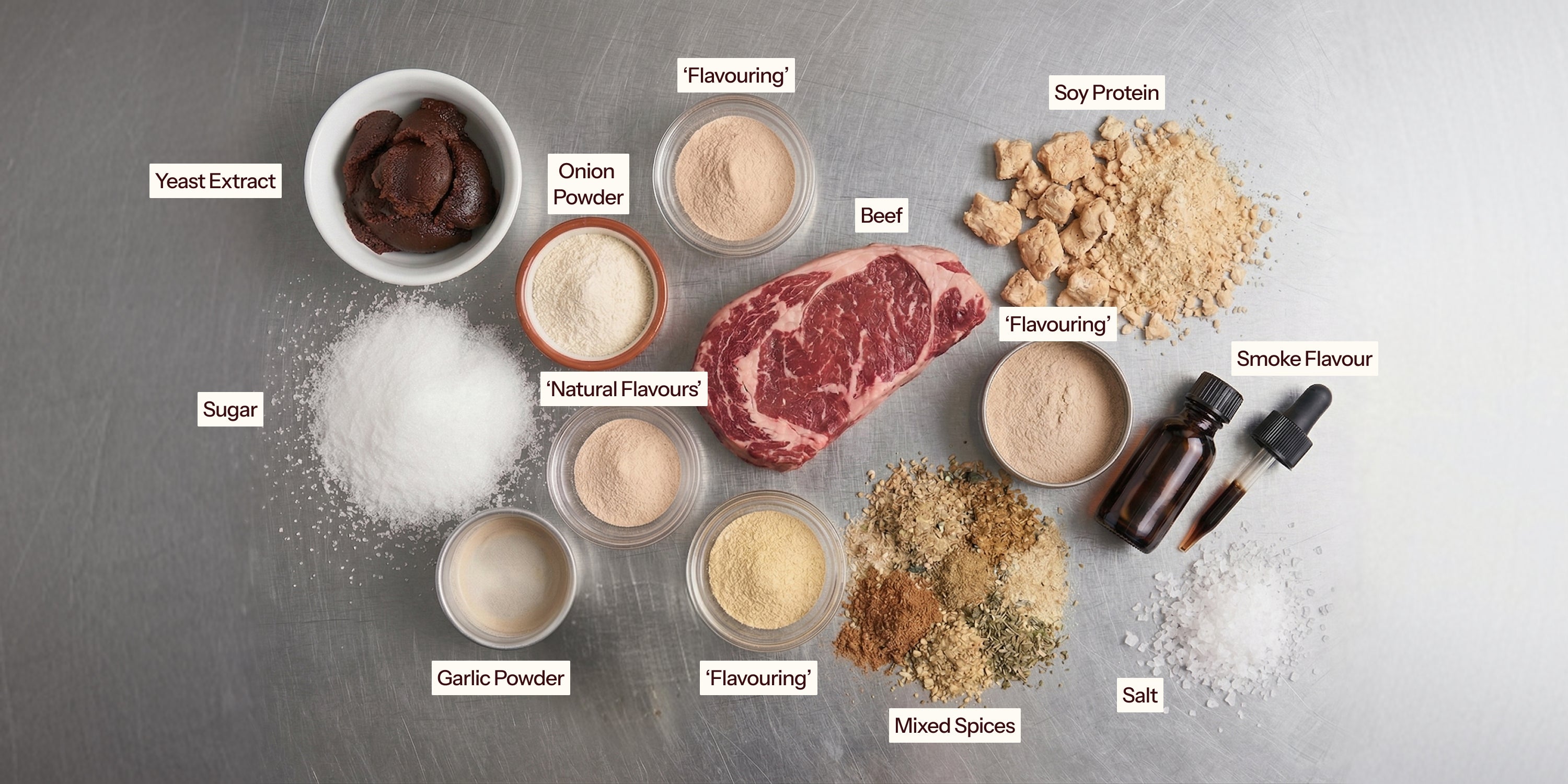 Typical food ingredients of beef jerky including meat, spices, and seasonings on a stainless steel benchtop.