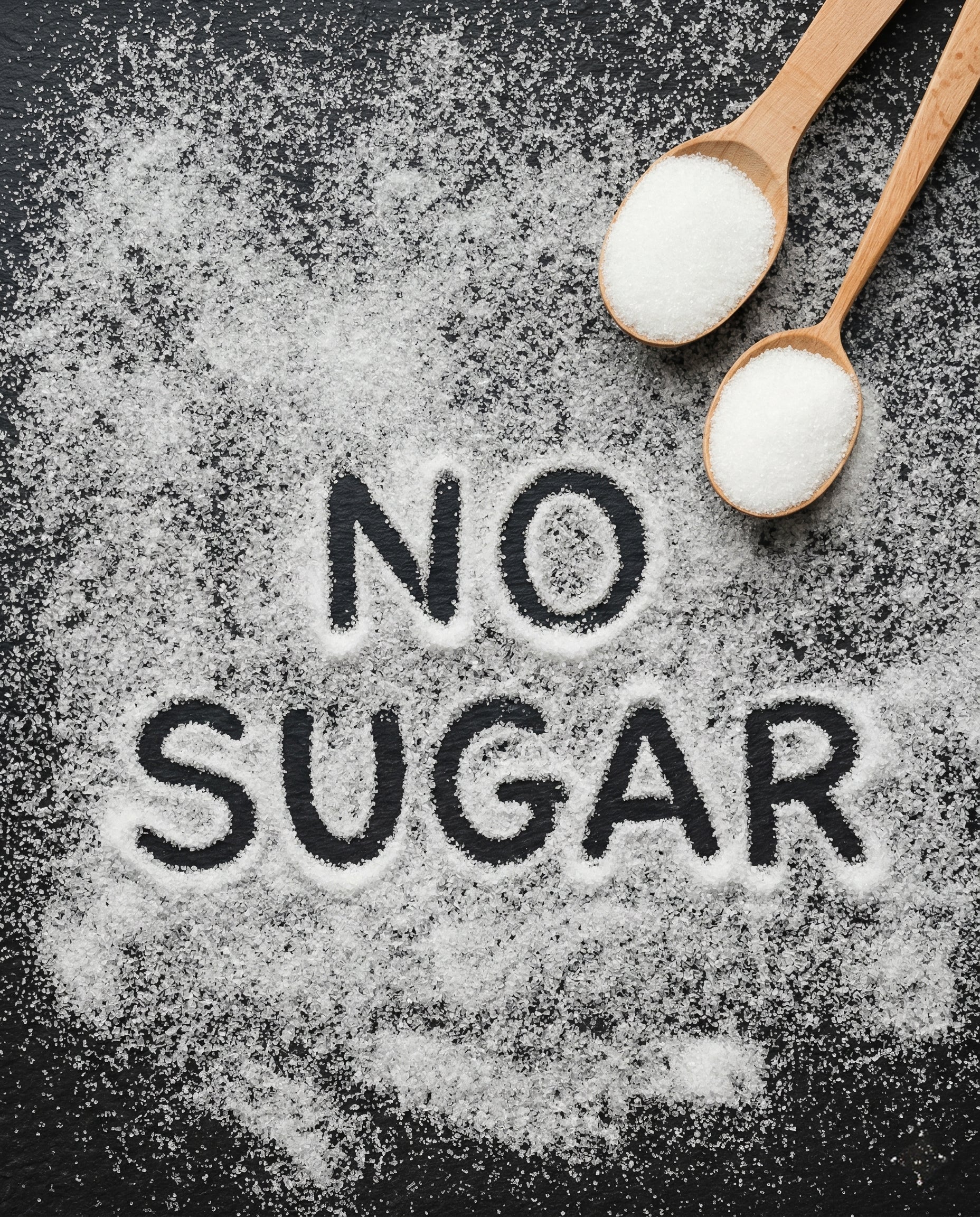 Wooden spoons with sugar and 'No Sugar' text on a dark surface