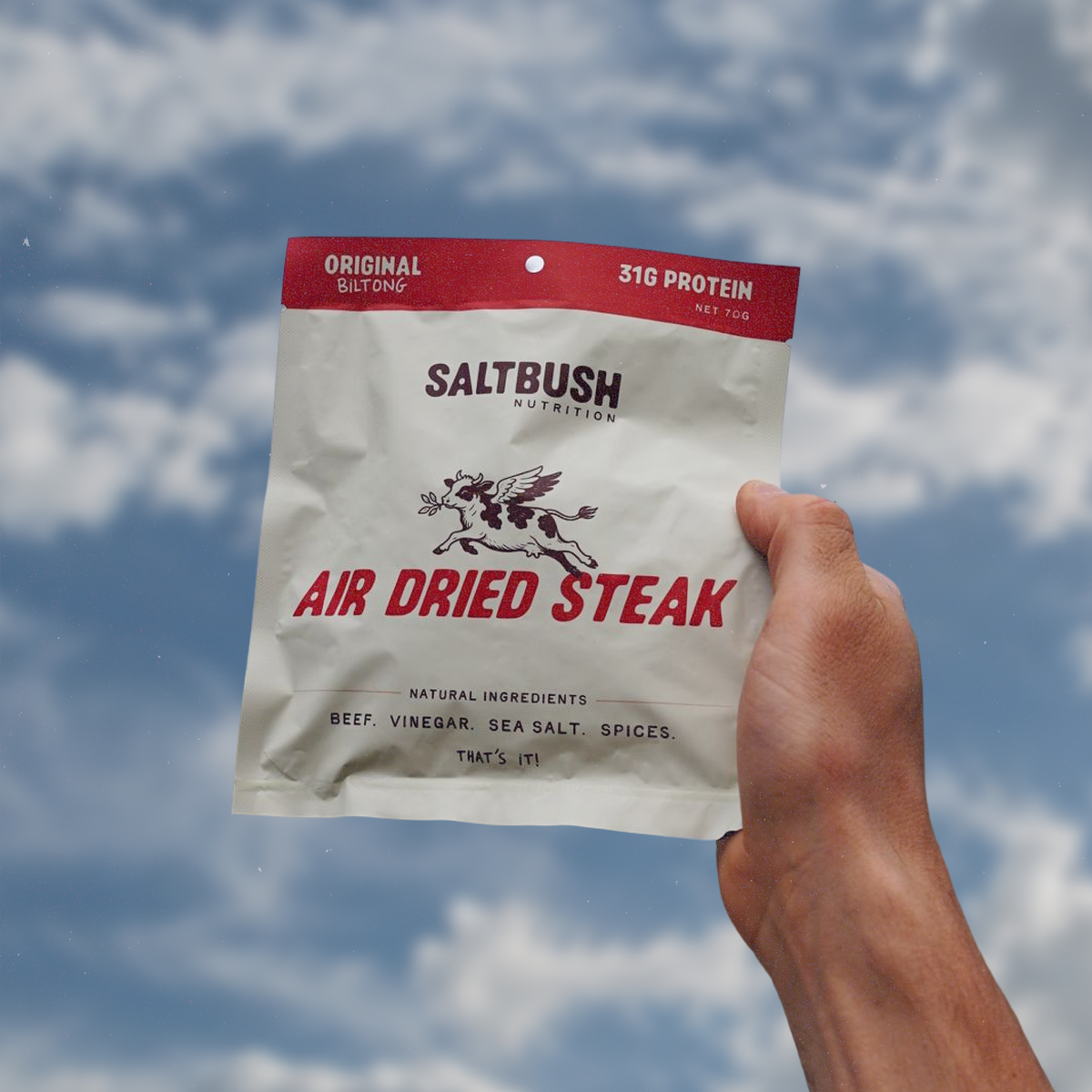 A hand holding a pouch of Saltbush Air Dried Steak against a cloudy blue sky background.