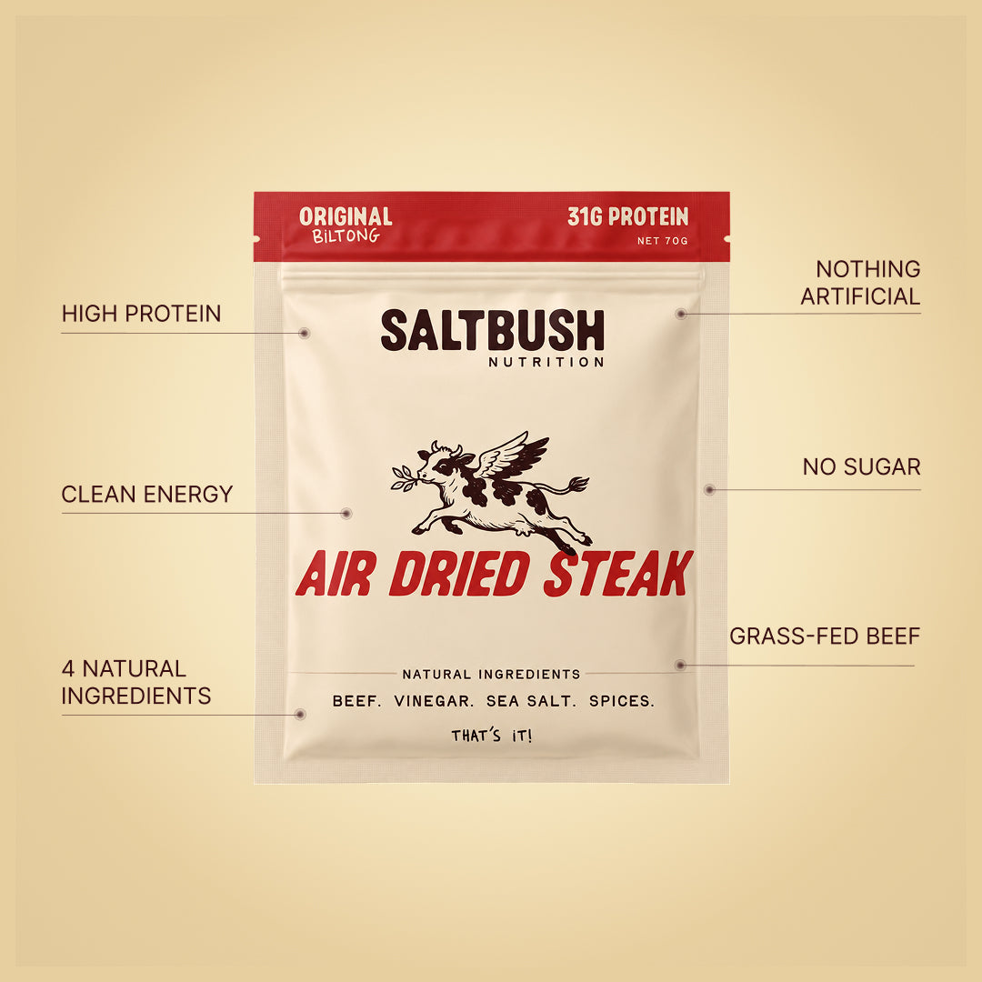 Saltbush Nutrition air dried steak biltong package with features listed