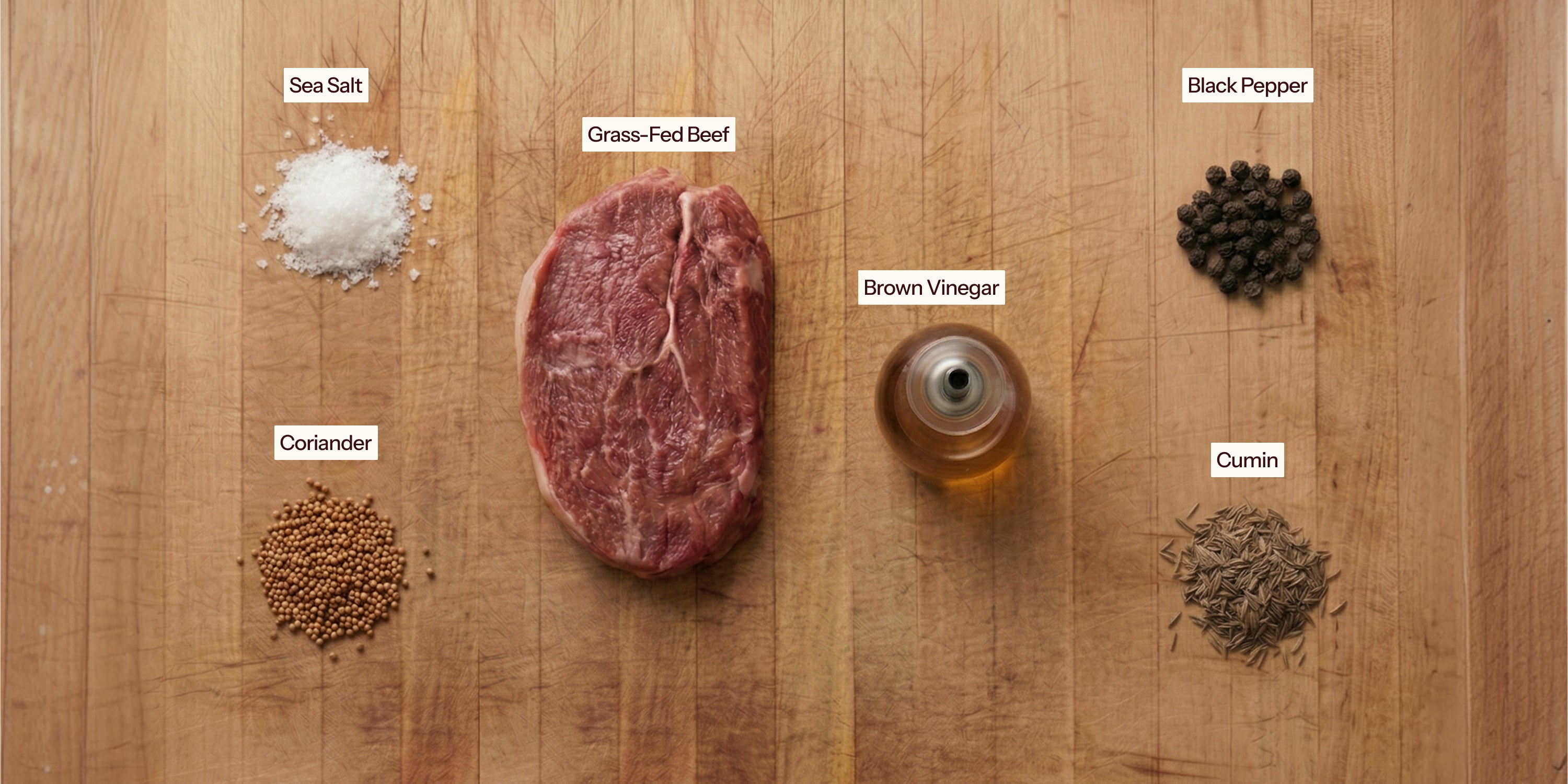 Ingredients of Saltbush Nutrition biltong. Grass-fed Beef, brown vinegar, sea salt, cumin, coriander and black pepper. 