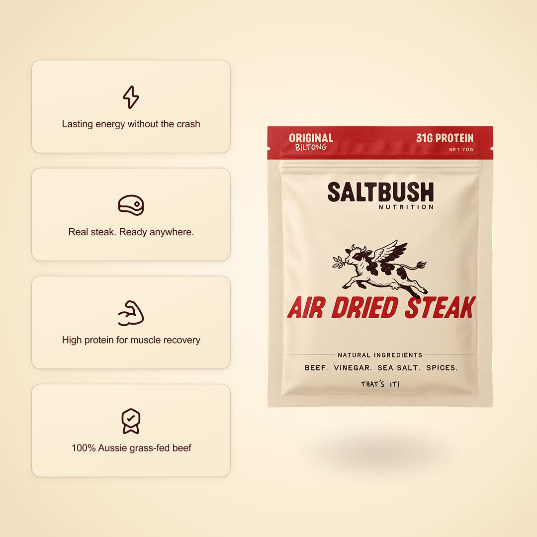 Saltbush Nutrition air dried steak biltong package on a beige background with feature icons.