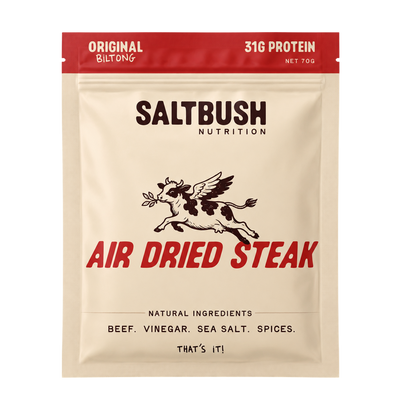 Front of Saltbush Nutrition air dried steak package